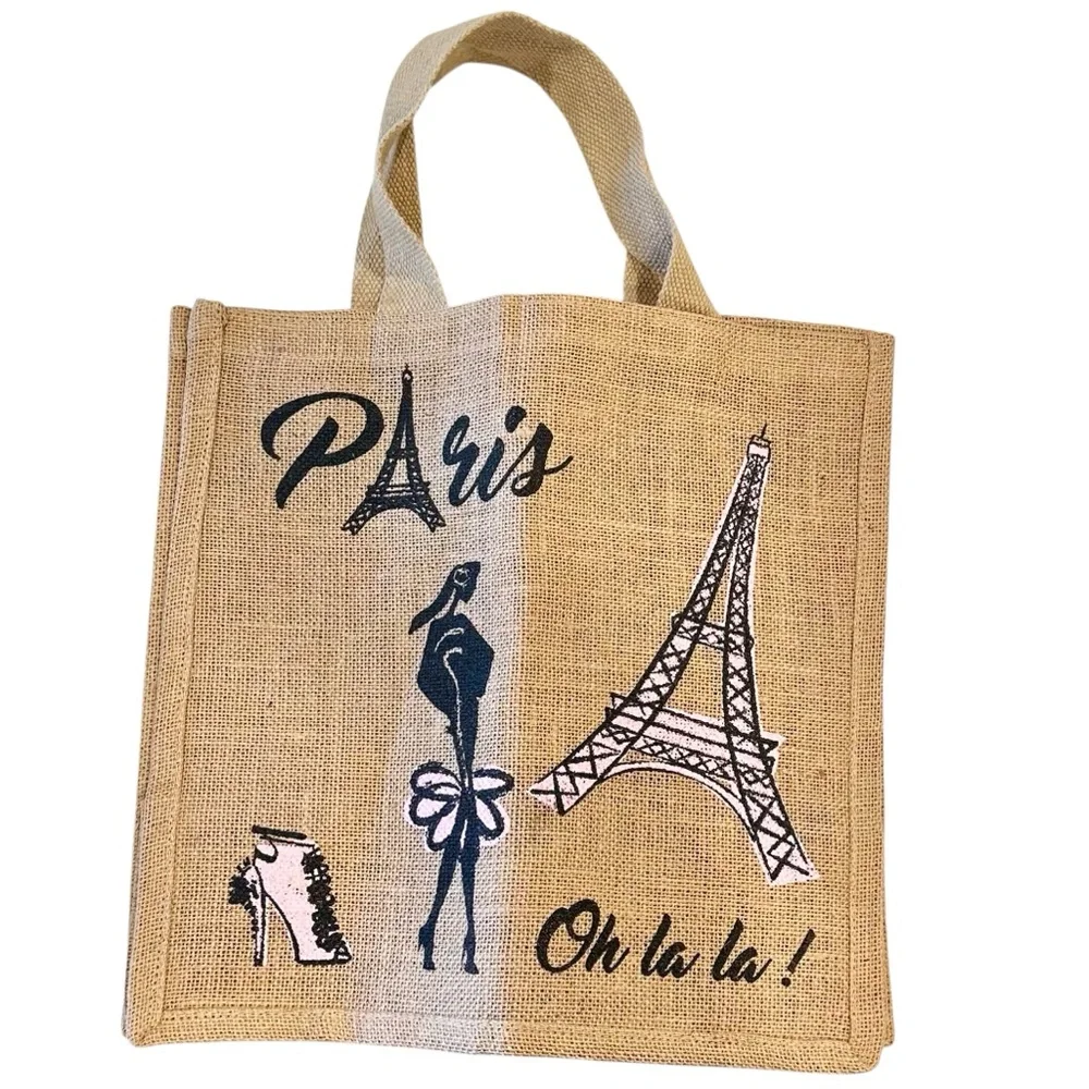 French Jute Eiffel Tower Parisian Tote Shopping Bag